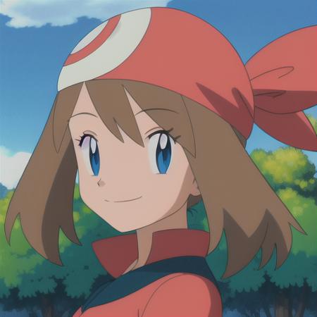 <lora:character_pokemon_may_v1:0.5> forest, cloudy sky, 1girl, character_pokemon_may, solo, portrait, from side, looking at viewer, smile, bandana, shirt