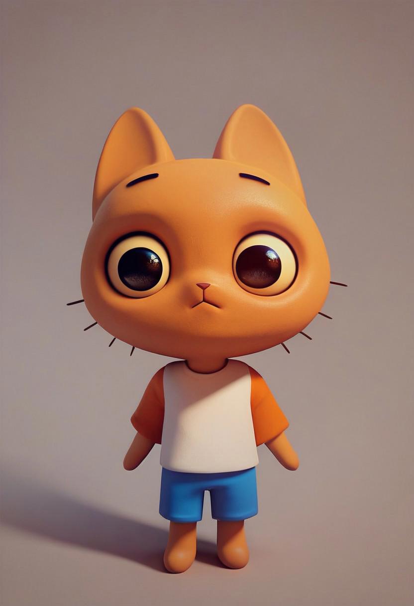 score_9, score_8_up, score_7_up, score_6_up, 
Simbochka human, 3d orange humanoid cat, (human mouth and eyes),
1boy, cute, solo, simple background, Simbochka (human mouth and eyes), stare eyes,
white shirt, orange sleeves, blue shorts, 3d art