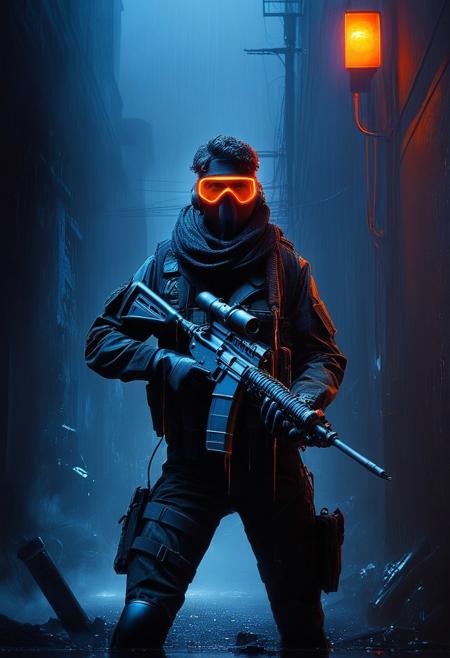 noriyoshiohrai style, abstract (cyberpunk retro:1.5), sharp focus on In the style of the 1980s. lone_commando_in_action, tactical_stealth_pose, military_commando_centerpiece, tactical_gear, camo_fatigues, <lora:uzi:0.7> UZI in action, firefight, shooting, gun fight, no helmet, medium dark hair, styled back, scarf covering mouth and nose, no glasses, no googles,  intense_shadows_and_light_contrast, dimly_lit_urban_environment, hiding_in_shadows, leaning_against_a_wall_with_weapon_raised, rain-soaked_street, distant_neon_sign_glow, tense_and_silent_mood, subtle_smoke_and_fog_effects, dramatic_stealthy_pose, gloved_hands_gripping_weapon, cinematic_highlights_on_metallic_surfaces, small_drops_of_water_on_equipment, hints_of_distant_enemies_searching_with_flashlights, edgy_composition_with_dynamic_angle, sharp_expressive_ink_lines, muted_and_dark_color_palette, book cover