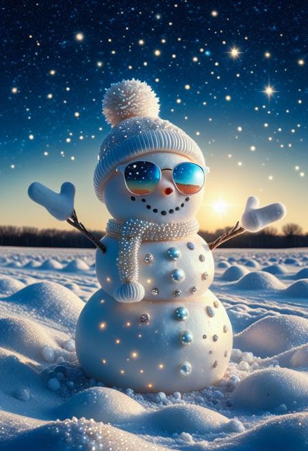 8k, Raw digital photo, a snowman in a snowy field, starry sky, snowman made of pearlum, glowing stars, wearing sunglasses, blue sky, , surreal concept, soft sunlight, Full Colour, 80mm, minimalist,