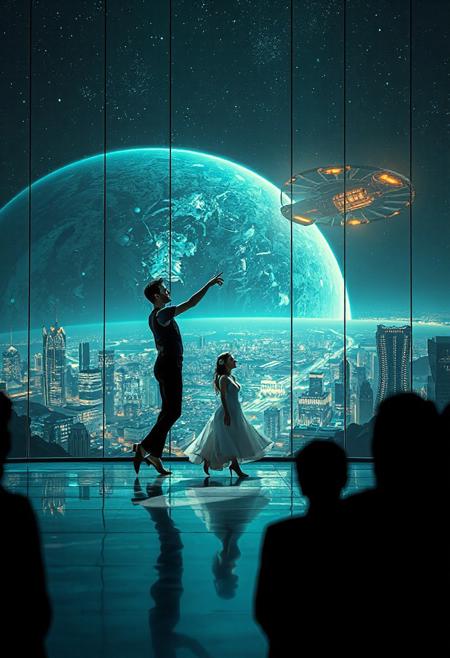immaculately detailed realistic ultra quality image of a beautiful elegant female dancer and male counterpart are dancing on a futuristic stage micro-LED lighted, the dancer is the focus of the image, every detail of her dress and body are fully visible, the height of the image, behind the dancer on the stage is an enormous seamless and futuristic wall to wall and floor to ceiling window that looks out at a the planet's surface covered with the lights of enormous buildings and cities, An enormous deco starship with futuristic lighting and an enormous space station are visible in the background among the stars, Artistic art deco, dynamic perspective, (((overall architectural aesthetic is Art Deco Cyberpunk))).  Epic image that elicits a feeling of romanticism, wonder, and awe, the silhouette of the audience can be seen in the foreground that show the enormous scale of the stage and seamless window behind it,