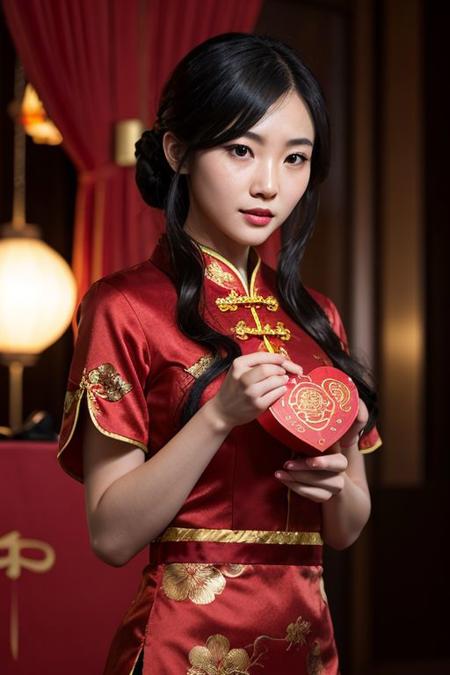 a cute 22 year old chinese girl with black hair, holding a red love heart heart in her hands, in a traditional chinese dress, during lunar new year, (dramatic scene and background:1.2), Cinematic photo, (cleavage), short wavy black hair, Porta 160 color, shot on ARRI ALEXA 65, bokeh, sharp focus on subject, highest details, photorealistic, high background details, high face details, action atmosphere,  godrays, 8k, raytracing,