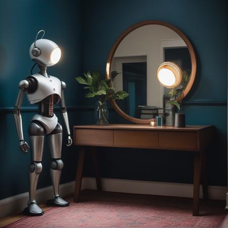 atomic style <lora:Aheart:0.7> a robot is standing next to a lamp and a mirror on a table