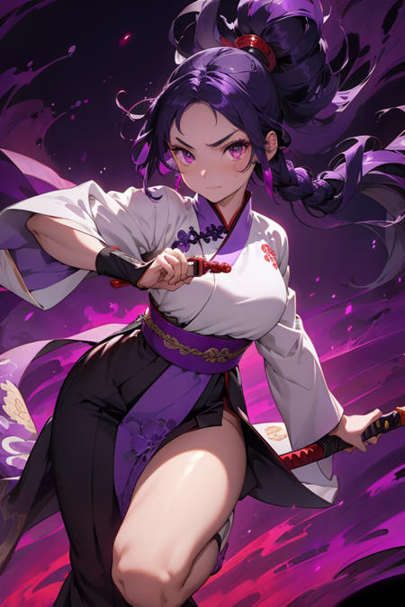 Masterpiece, 1girl, wear purple hanfu, Chinese Traditional cloth, long purple hair, hair braid, holding a blood sword, dark purple background, fire effect, ink painting style, dynamic pose, battle pose