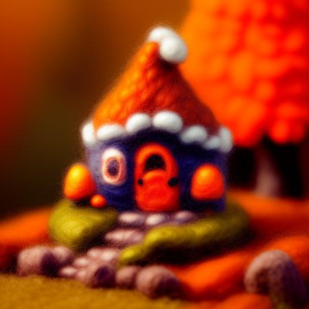 miniwool style of a cute fairy house in an orange autumnal enchanted forest, by greg rutkowski, trending on artstation, oil painting, by thomas kinkade, octane render