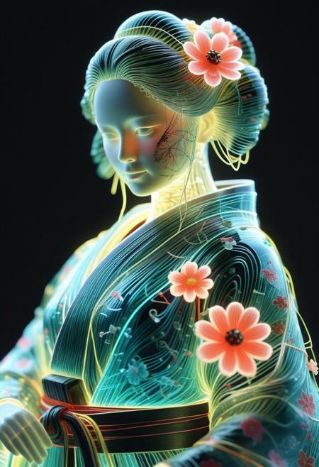 <lora:World_of_Glass_Filament:0.6> made of, tiny neon (glass:1.1) filaments, w0gf1l, Android, geisha, with robotic parts, in flowery kimono, Intricate details, 8 k, cinematic <lora:sss:0.8> subsurface scattering, sss <lora:envyStarlight_v10:0.8>