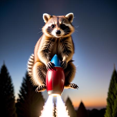 racoon is riding a rocket, high quality photography, 3 point lighting, flash with softbox, 4k, Canon EOS R3, hdr, smooth, sharp focus, high resolution, award winning photo, 80mm, f2.8, bokeh