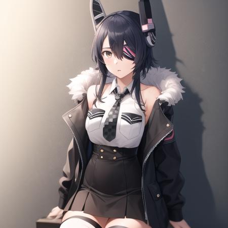 (masterpiece, best quality:1.2),illustration,8k,hd,1girl,solo,black jacket,black skirt,black thighhighs,breast pocket,checkered necktie,collared shirt,fur-trimmed jacket,fur trim,headgear,high-waist skirt,pocket,shirt,sleeveless shirt,white shirt,open jacket,eyepatch,<lora:Tenryuu(kan)>,