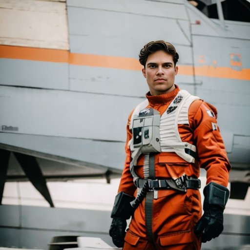 man in rebel pilot suit <lora:rebelpilotsuit:1> in hangar, RAW photo, 8k uhd, dslr, soft lighting, high quality, film grai...