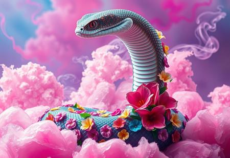 A majestic snake in a vibrant and surreal Flux art style. The snake is adorned with colorful flowers along its body, replacing scales with intricate blossoms. Its environment is ethereal, surrounded by vivid pink and purple hues, with abstract, dreamy clouds and flowing, cristal-like textures in the background. The snake's gaze is piercing yet serene, reflecting a mystical and magical aura.