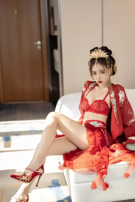 NSFW WAN 2.2 T2V Red traditional Chinese embroidered skirt, lace bra, red high heels