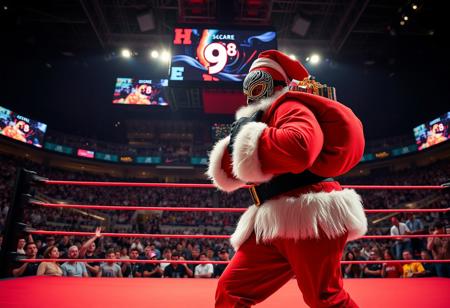 score_9, score_8_up, wrestling stadium, lights, giant screens, the stands full of people cheering, wrestling ring, SANTA CLAUS using a lucha libre mask  WITH A BAG WITH GIFTS beating a group of  wrestling fighters and defeating them