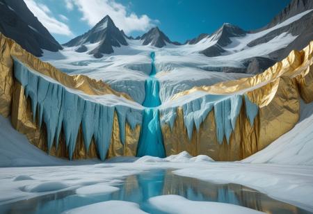 a frozen liquid metal gold and turquoise pristine glacier, towering high above the snow that drips with brilliant liquid marble