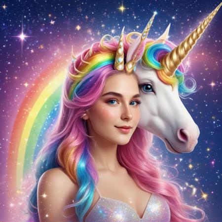 "Design a portrait of a person with a unicorn horn and rainbow mane, surrounded by sparkling stars and glittering rainbow lights, showcasing the enchanting aura of unicorns in the style of maxxxx_civitai."