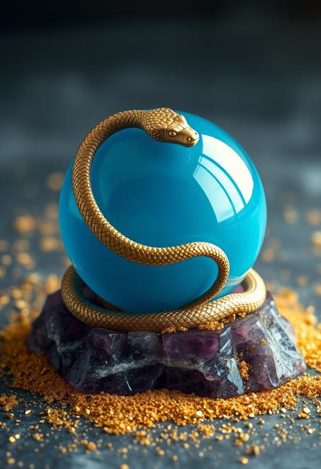 "Create a hyper-realistic image of a miniature cyan orb, its surface smooth and translucent, with a delicate serpent carved into its surface. The serpent's body wraps around the orb, its scales and texture intricately detailed. The orb is nestled in a pile of gold dust, which sparkles and shimmers in the light. The orb is placed on a gemstone platform, expertly crafted from a deep, rich amethyst, the purple hue complementing the orb perfectly. The overall effect is one of ancient, mystical power and beauty, with the serpent adding a sense of mystery and intrigue." Octane render, Highest-Quality, 8 k, intricate details, visually stunning, Masterpiece