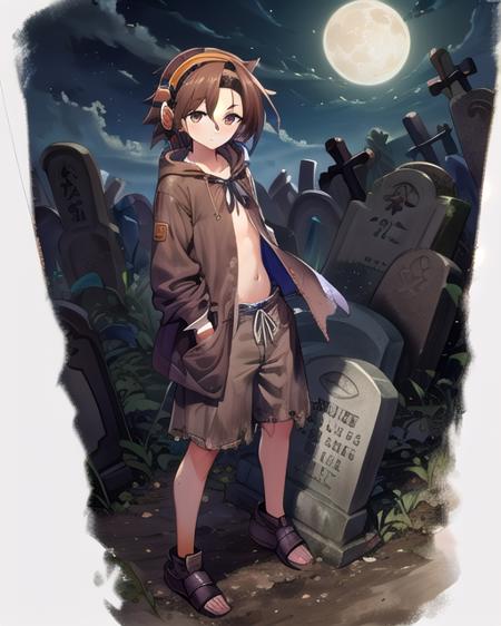 best quality, masterpiece, highres, detailed, perfect anatomy, <lora:Detail - add_detail:0.2>, <lyco:Traits - Rags:0.8>, RagClothing, dirty clothes, brown clothes, 1boy, graveyard, night, moon,  brown hair, brown eyes, orange headphones, asakuraYoh <lora:AsakuraYoh:0.8>, open clothes,