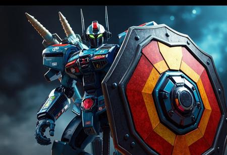 A Dark Eradicator Warlock robot, equipped with a Mad Sword Beast and a Magical Trick Mirror shield, stands ready for action against a Light to the Depths backdrop. The robot,  blue and adorned with colorful stickers, holds a large, multi-colored shield. The high-res image showcases the robot in intricate detail, from its lifelike facial features to its sharply designed clothes. The dynamic action pose and captivating lighting create a sense of movement and excitement, while the vibrant colors and harmonious design contribute to the overall narrative. Trending on Artstation.