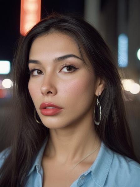 face focused, nighttime photography, neon lights, reflective streets, movie still, ultra detailed, portrait, BREAK
Van11ty, Vaniity, <lora:Van11ty-sdxl:1>, 
1girl, solo, portrait, makeup, lips, long hair, dark hair, vintage aesthetic, lipstick, shirt, solo, looking at viewer, bokeh, focus, film, velvia, film grain, best quality, photograph, focus, earring, city streets