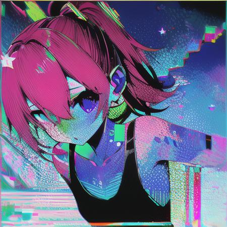 (glitched, artefact, abstract:1.2), solo, 1girl, short red hair, ponytail, small breast, sport tank, looking at viewer, colorful background,<lora:glitch-core-10:0.95>