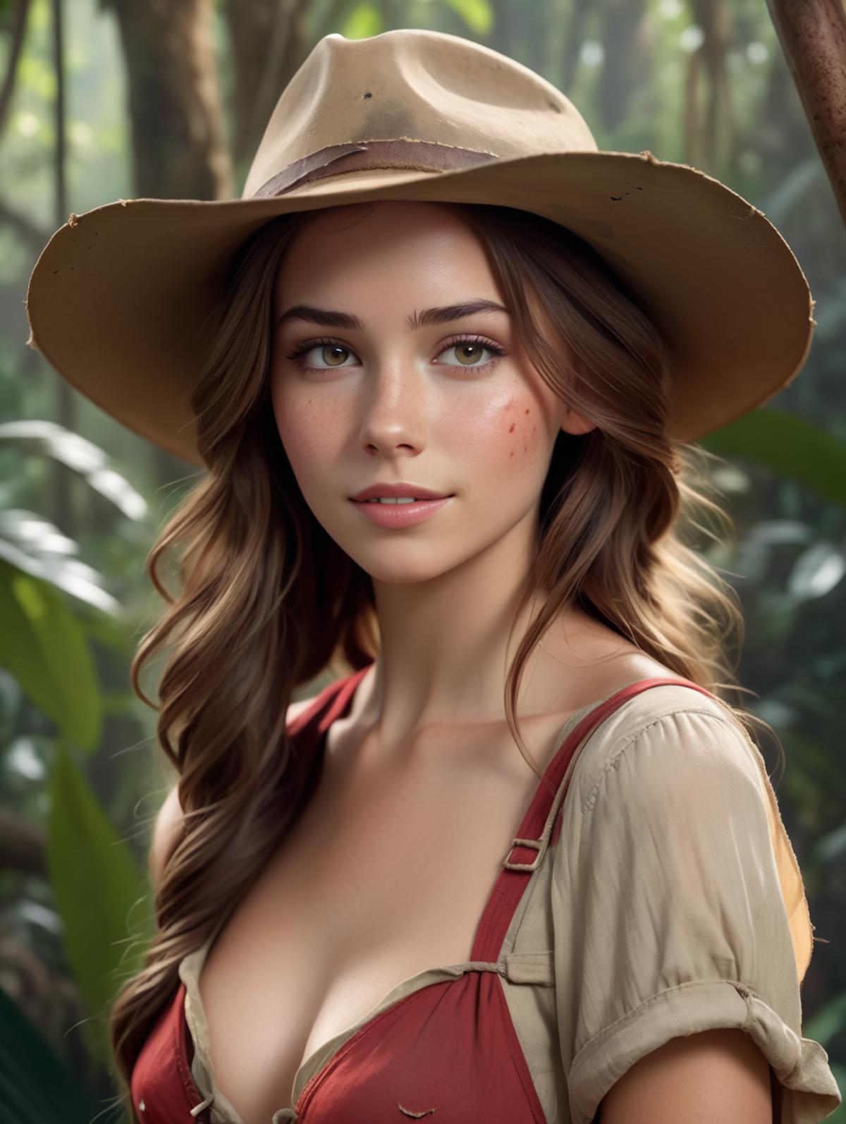A Woman Wearing a Hat and Suspenders Poses in a Forest.