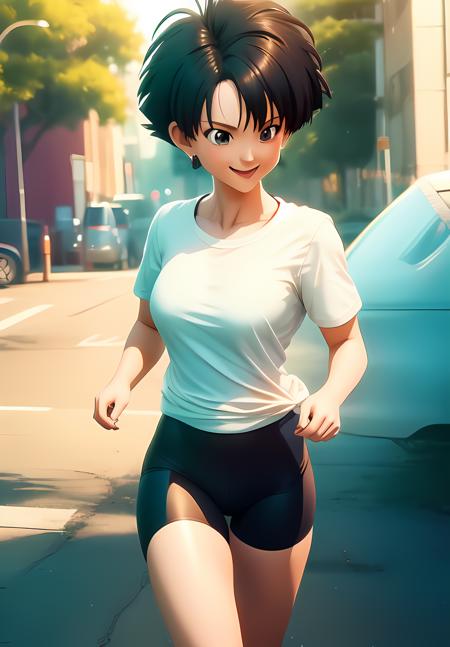 Videl white shirt, bike shorts, white shirt, bike shorts, short hair, messy hair