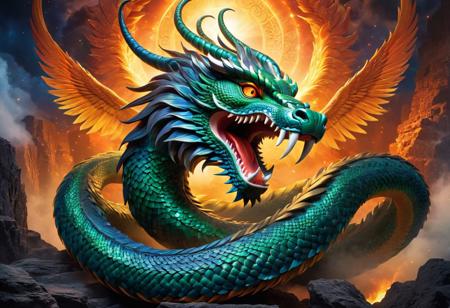 (masterpiece, mythological, ominous:1.3), an awe-inspiring portrayal of Quetzalcoatl, the primal symbol of the duality of human nature, as the serpent embodiment of Heaven and Earth that strikes fear into the hearts of many. Visualize the majestic serpent deity coiled in a (sinuous:1.2) pose, its form a mesmerizing blend of (celestial beauty:1.2) and (terrestrial power:1.2). Quetzalcoatl's scales shimmer with iridescent colors, reflecting the (cosmic balance:1.2) it represents, while its piercing eyes hold a depth of wisdom and (ancient knowledge:1.2) that transcends mortal understanding. The serpent's presence is both (magnificent:1.2) and (intimidating:1.2), evoking a sense of (awe:1.2) and (trepidation:1.2) in those who behold its form. Shadows dance across its serpentine body, emphasizing the (mysterious allure:1.2) and (ominous nature:1.2) of the deity. The background hints at a (sacred temple:1.2) or (cosmic expanse:1.2), adding to the (mythical atmosphere:1.2) of the scene. The colors are a mix of (rich blues:1.2), (deep greens:1.2), and (fiery oranges:1.2), symbolizing the (cosmic forces:1.2) Quetzalcoatl embodies. Light and shadow play a crucial role in highlighting the deity's dual nature, casting both (radiant beams:1.2) and (ominous silhouettes:1.2) across its serpentine form. The composition is (powerful:1.2) and (evocative:1.2),