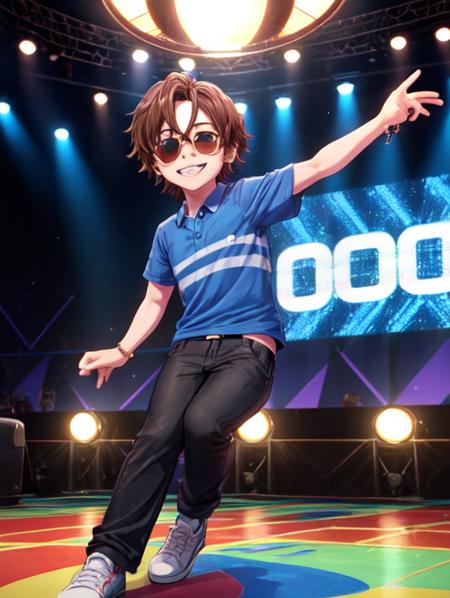 best quality, masterpiece, highres, detailed, perfect anatomy,  <lora:Detail - add_detail:0.2>,  <lora:FNaFGregory:0.8>, male child, brown hair, FNAFGregory, blue shirt with two stripes, one bandage on face, inside restaurant, disco ball, wearing sunglasses, dancing, on stage, 90's restaurant, evil smile, black pants,