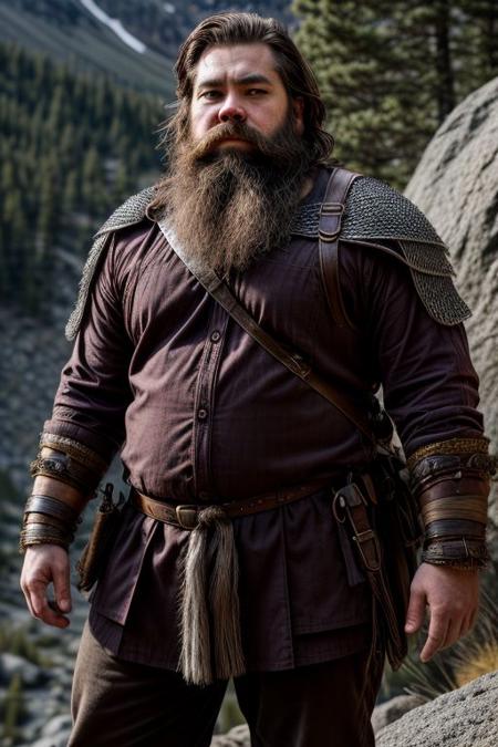 1boy, male focus, solo. Dwarven ranger, rugged mountainside, chainmail armor, crossbow, rugged and resilient, braided beard, keen eyes, tracking prey through rocky terrain.