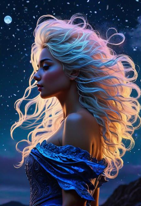 abstract style 2girl,(from side),(silhouette:1.2),profile,big hair,masterpiece,best quality,light particle,depth of field,field,scenery,fantasy,indigo light,(far away:1.1),cute girl,midriff,tribal sash,pastel colors, Traveler,yearning to explore the ends of the world to discover its wonders and help its denizens,by Andy Kehoe,(Glowing ambiance, enchanting radiance, luminous lighting, ethereal atmosphere, mesmerizing glow, evocative hues, captivating coloration, dramatic lighting, enchanting aura), ink painting, ((moon:1)), (masterpiece, top quality, best quality, official art, beautiful and aesthetic:1.2), (1girl:1.4), extreme detailed,(joshua middleton comic cover art:1.1), (Action painting:1.2),(concretism:1.2),theater dance scene,(hypermaximalistic:1.5),colorful,highest detailed, ,cloudy sky, night,flying in the sky, floating hair, full body, (masterpiece, best quality, high quality, highres, ultra-detailed),
f feelings, imaginative, highly detailed
 ultra detailed, sharp focus, best quality, masterpiece, colorful, avalanche, (glow:0.4), hands risen, glow from below, messy long white hair, night time, (heavy blizzard:1.6), volumetric lighting, best quality, masterpiece, intricate details oil painting