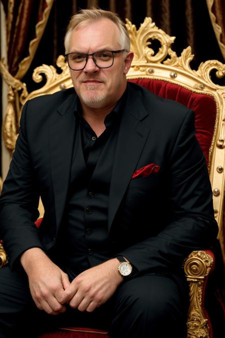 GregDavies wearing a black formal shirt and suit, wearing glasses, sitting on an ornate red velvet throne with a cheeky look on his face, rich theatre background with lots of red and gold <lora:GregDaviesLora:1>