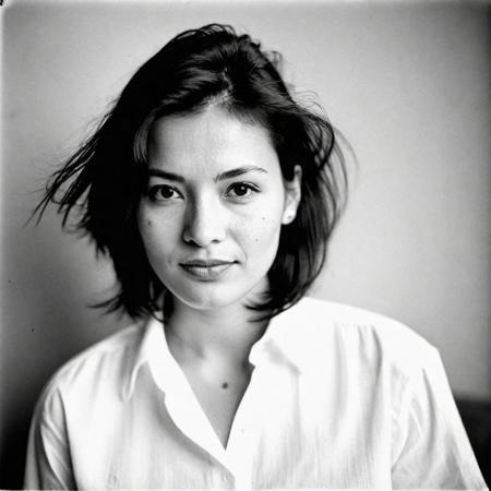 european woman 30 years, facing camera, white shirt, tilted head, black hair, dark and blurry background, half body shot,  1990 hairstyle and look, dark mood, ilford hp5 plus 400, medium format 6x6 camera,artsy, shadows, wide angle, contact test, damaged print, faded, grainy,blurry, pixelated, motion blur, vignette, high contrast