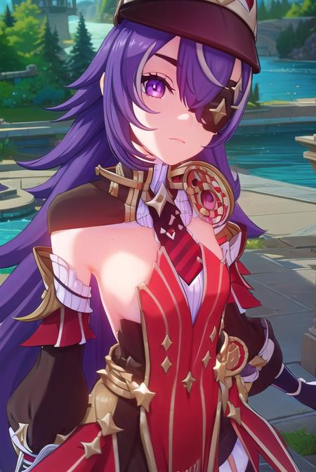 chevreuse, long hair, bangs, hair between eyes, (purple eyes:1.1), purple hair, (eyepatch:1.5), gloves, hat, dress, bare shoulders, detached sleeves,