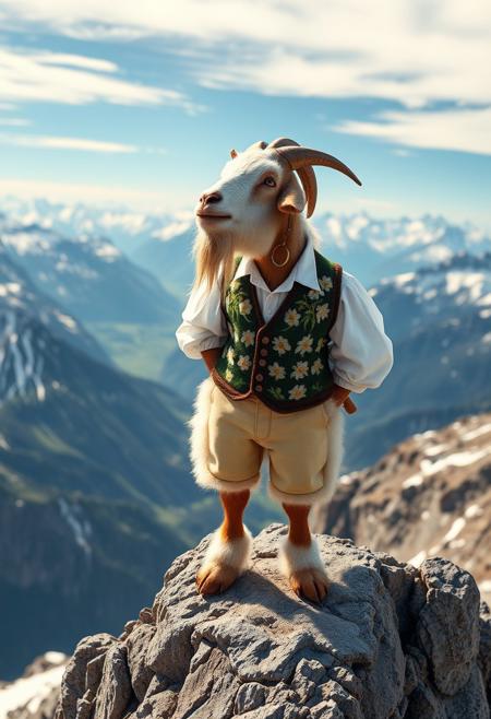 "Illustrate a vibrant, hyper-realistic image of a Dutch goat standing on a rugged mountain peak, yodeling at the top of its lungs. The goat is dressed in an iconic Dutch yodeling outfit, complete with a traditional Edelweiss-patterned jacket, a white shirt with billowy sleeves, and a pair of lederhosen. The outfit is rendered in exquisite detail, with intricate embroidery and texture that seems to leap off the page. The goat's fur is a thick, fluffy coat of white and brown, with a jaunty hat perched atop its head. The mountain peak is a dramatic, rocky outcropping, with a stunning vista of snow-capped peaks and valleys stretching out into the distance. The goat's yodeling is depicted in a dynamic, swirling vortex of sound waves that seem to emanate from its mouth and echo off the surrounding mountainside. The overall effect is one of joyful, exuberant energy, as if the goat is celebrating its love of yodeling and the great outdoors." highest-Quality, intricate details, visually stunning, Masterpiece