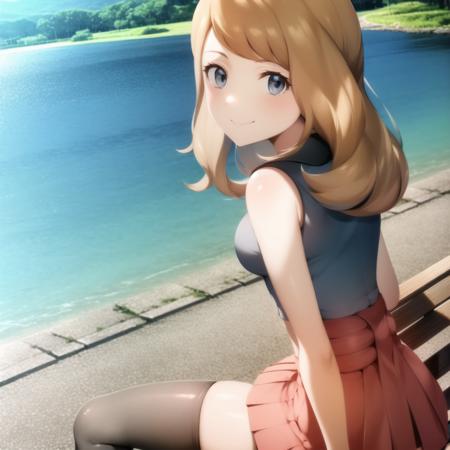 <lora:character_pokemon_serena_v3:1> serena \(pokemon\), lake, sunny, 1girl, solo, sitting on bench, legs together, hands on own thighs, from behind, from side, from above, looking back, looking at viewer, grey eyes, smile, closed mouth, sleeveless shirt, high-waist skirt, thighhighs,