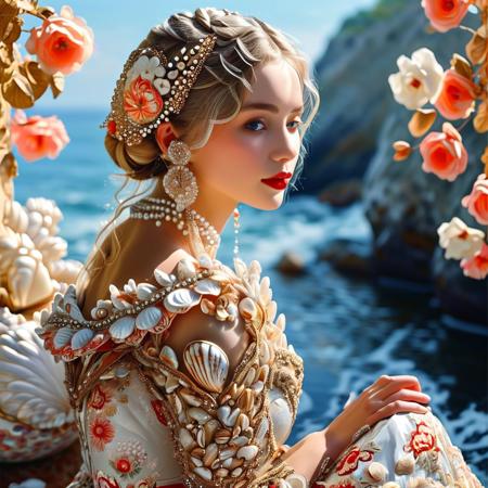 Woman in a dress composed entirely of shells sitting in a shell, James Christensen-inspired portrait, cg society trends, nautical rococo, real pearls, snow-white skin with a noticeable blush, elegant fantasy-style braids, authentic nautical costume, Lutz, coral headdress, shell flowers, Alice in Wonderland style, queen of the sea on the background of Carlsbad cliffs, captivating and alluring, anime princess