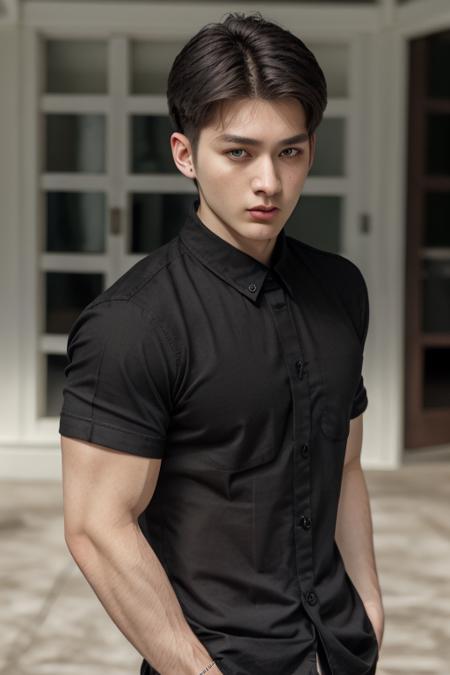 wearing black fit shirt, (absurdres, highres, ultra detailed),((masterpiece)), ((best quality:1.1)), High Resolution, 8k,1boy, best quality, masterpiece, (photorealistic:1.4), 4k, high quality, masterpiece, best quality, highres, dynamic poses, realistic, edward candra, mature male, looking at viewer <lora:detailed_eye:0.2> <lora:skinny_new_skin:0.2> <lora:edward-candra-v2-07:1>