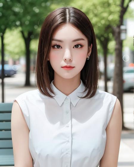 best quality, photorealistic, 8k, high res, full color, 1girl, woman, 20 years old woman, (closed mouth:1.73), (skindentation), (portrait:0.6), trees, park bench, daylight, ((park background:1.52)), full color, ((whiteshirt:1.58)), looking at viewer:1.8, (1girl eyes looking at viewer:1.55), (medium hair, brownhair, partedbangs:1.45), (bokeh), <lora:AAW-yeji:0.69>