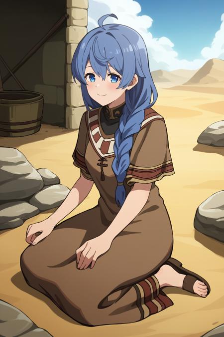 rokari migurudexia, single braid, hair over shoulder, braided ponytail, blue hair, blue eyes, long hair, braid, ahoge, hair between eyes,, bangs, Middle Eastern dress, brown dress, sandals, toeless legwear, short sleeves, alternate costume