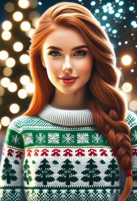 4k, high details, 1 girl, slender, narrow waist, ginger girl, ginger hair, cute face, perfect facebraids hairstyle, beautiful, green eyes, perfect eyes, detail eyes, mid body shot, medium breasts, wearing a xmas sweater, with few lights, decorated, fun, in a Xmas winter park, close to custom tree of Xmas, much Xmas lights, night