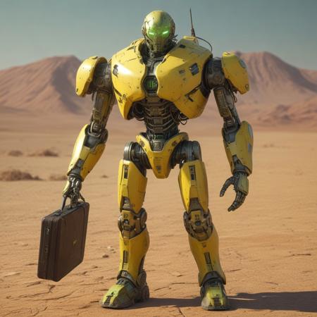 robot on a desert surface, yellow and green scheme, attractive beefy man, heavy artifact, dolman, inspired by Pietro Testa, holding a briefcase, headsculpt, a brightly colored, beautiful picture of stray, stomping, headroom, t-top, features intricate detail,cyberpunk,micro details, octane render, radiant light, detailed and intricate environment, trending on artstation