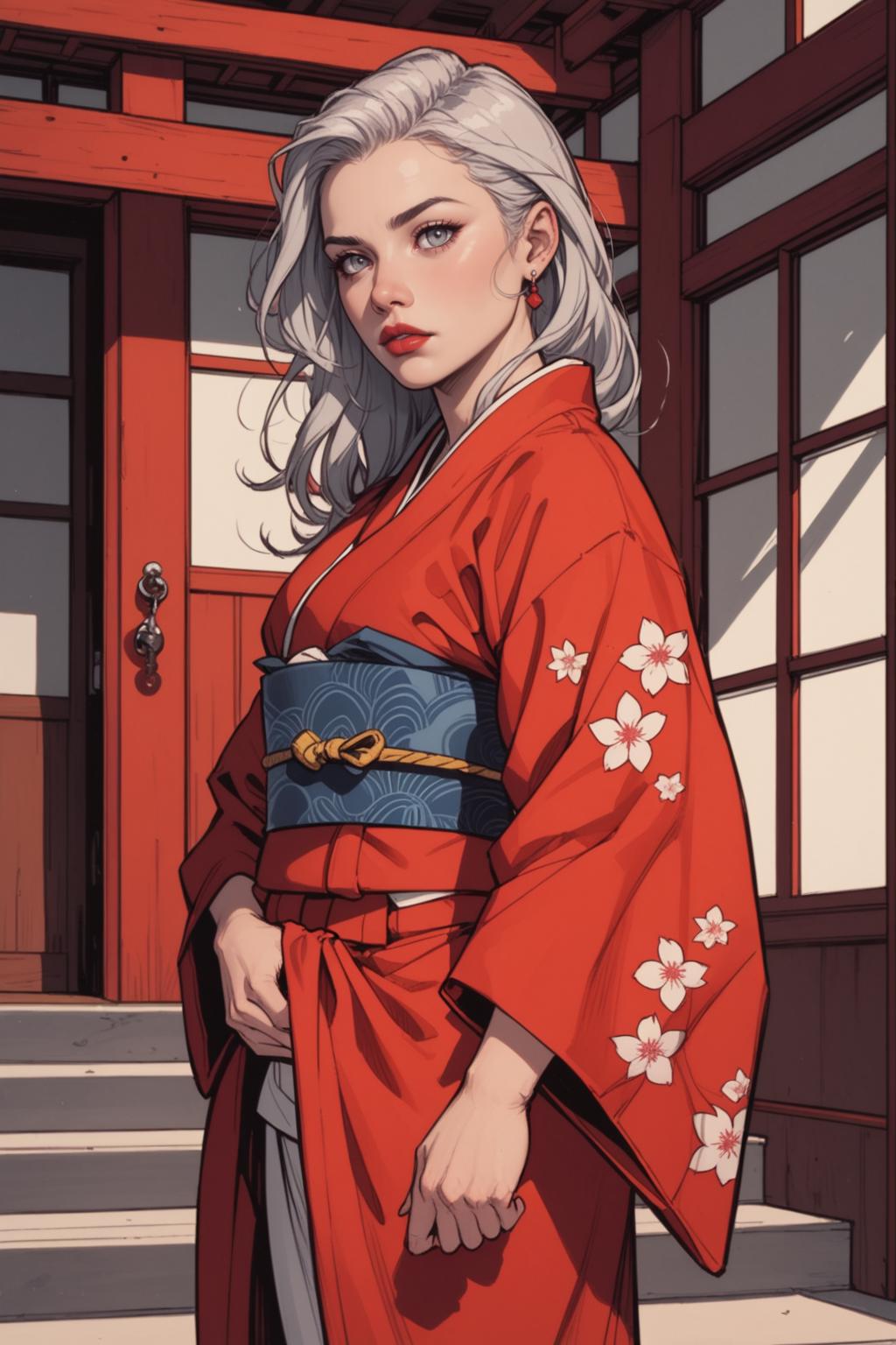 1girl, japanese clothes, long hair, kimono, stairs, solo, looking at viewer, floral print, sash, obi, red kimono, realistic, blurry, lips, white hair, from side, earrings, standing, jewelry, indoors, blurry background, nose, grey eyes, long sleeves, print kimono, looking to the side, depth of field, parted lips, day, outdoors, red lips, grey hair, wide sleeves, <lora:Expressive_H:0.5>, score_9, score_8_up, score_8_up, a_Comic_Illustration, rough lines with ink, (drawn:1.1), (sketch:1.5), (crosshatching:1.25), (comic style:1.1), graphic novel style, sharp lines, hires, zstyle, (western comics \(style\):1.1), (hatching \(texture\):1.2), zPDXL, Mr_Monster_Possitive