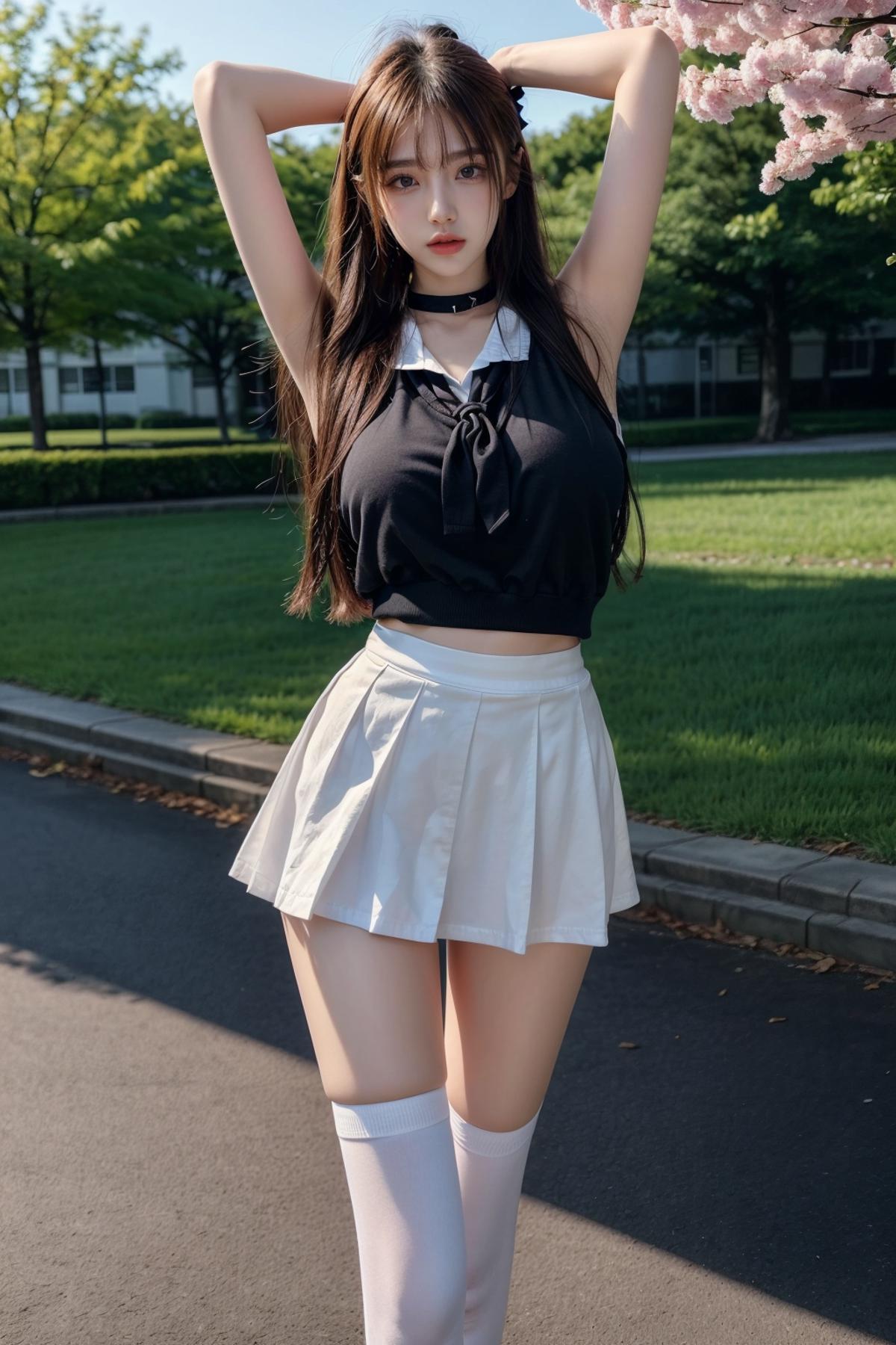 A young woman wearing a black shirt and white skirt strikes a pose.
