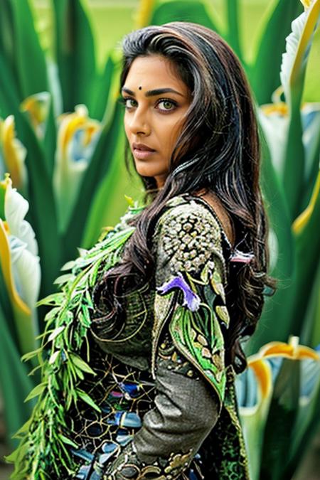 1girl, (full body), from side, photo of a (gorgeous woman) wearing a (leaf dress), pl4ntdr3ss, dynamic shot, (in a lab, botany lab, plants, microscope, beakers), tanned skin, (KodakPhotoMaybe:0.7), (ProfessionalDetail:1.4), (DarkFantasy:0.6), shot on porta 400,  beauty512, <lora:add_detail-58390:0.5>, <lora:leaf dress-259862:0.8>,