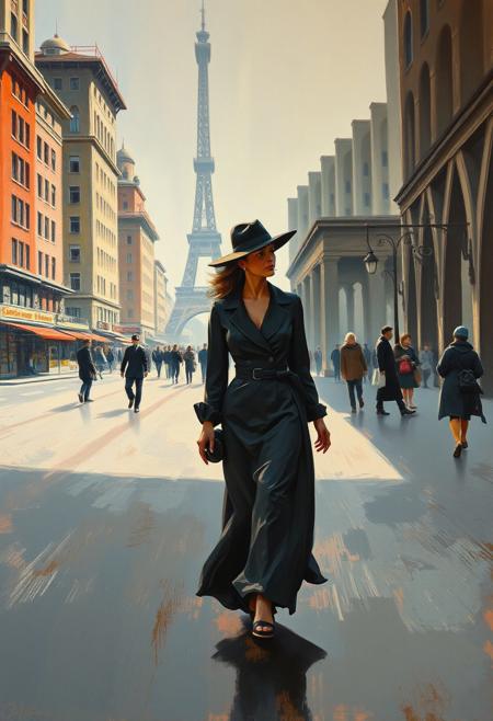 A Soviet impressionist painting features a graceful and elegant woman walking through a city, captured in strong, hard light with direct, harsh shadows. Soft brushstrokes create a dynamic composition within a muted color palette, emphasizing social realism and romanticized industry.