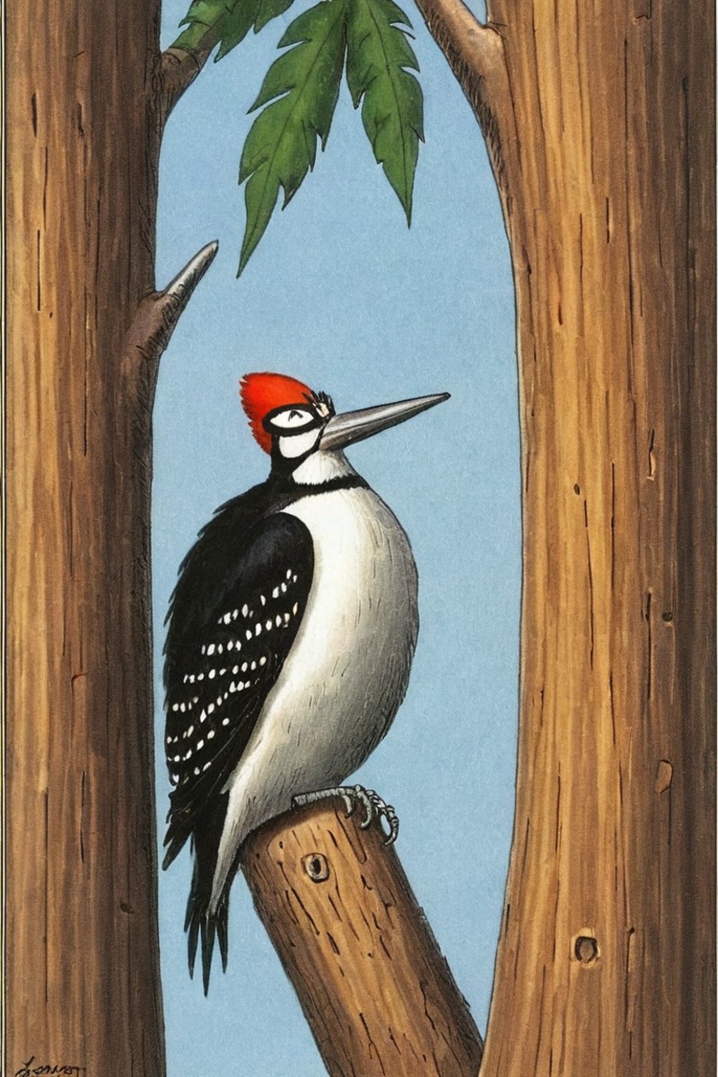 a color far side comic strip illustration of  a Woodpecker by Gary Larson, <lora:Gary_Larson_Style_XL_Color_Far_side-00000...
