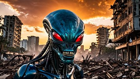 (alien head: 1.4), (teeth: 1.2), (evil smile: 1.2), Alien looks at post apocalyptic wasteland, invaded by nature, lush nature, jungle city, tall ruined buildings submerged by greenery, strange creatures, (demons : 1.2), (robot: 1.2), terror, (fire: 1.3), burning, dark atmosphere, warm and dark tones, destroyed city, fiery red sky, (blue flashes: 1.4), panic and desperation dominate, humans run away scared, apocalyptic style, documentary photography, capturing reality, social issues, human experiences, photojournalistic storytelling, candid moments, authentic narratives, raising awareness, documenting history, preserving cultural heritage, immersive storytelling, evoking empathy, powerful imagery, journalistic integrity, experimental photography, pushing the boundaries of creativity, unconventional techniques, innovative concepts, artistic exploration, thought-provoking imagery, pushing the boundaries of traditional photography, landscape photography, vast vistas, natural beauty, dynamic compositions, captivating scenery, immersive, serene