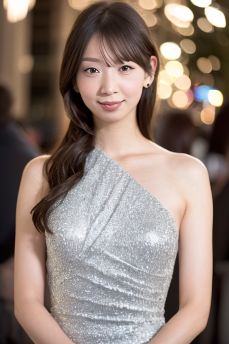 1girl,(wearing a glittery evening dress),(RAW photo, best quality), (realistic, photo-realistic:1.4), masterpiece, an extremely delicate and beautiful, extremely detailed, 2k wallpaper, Amazing, finely detail, extremely detailed CG unity 8k wallpaper, ultra-detailed, highres, soft light, beautiful detailed girl, extremely detailed eyes and face, beautiful detailed nose, beautiful detailed eyes,cinematic lighting,city lights at night,perfect anatomy,slender body.smiling