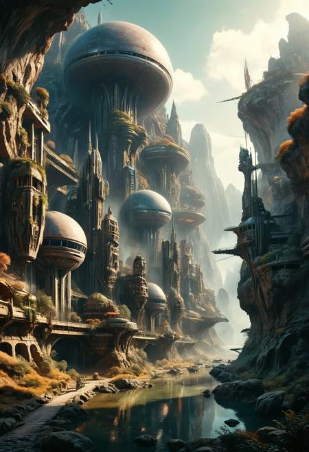 A grand, majestic 1960s retro-futurism space-opera city carved into a mountainside on a alien planet with intricate architectural designs. The city features multiple domed buildings, towering statues, and a large bridges connecting different parts of the city. The scene is set in a alien landscape with rocky cliffs and waterfalls, creating a sense of awe and wonder.
