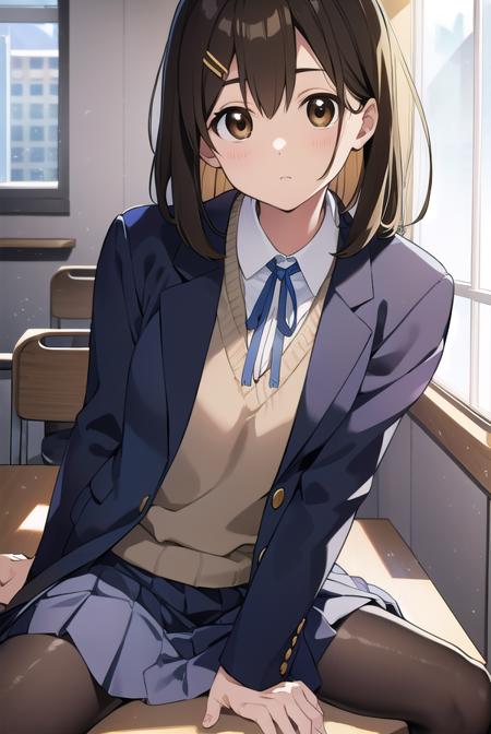 yuihirasawa, <lora:yuihirasawatest:1>, yui hirasawa, (brown eyes:1.5), brown hair, hair ornament, hairclip, medium hair, (flat chest:1.2), BREAK black pantyhose, blazer, blue jacket, blue ribbon, blue skirt, buttons, collared shirt, jacket, long sleeves, neck ribbon, pantyhose, pleated skirt, ribbon, sakuragaoka high school uniform, school uniform, shirt, skirt, white shirt, winter uniform, BREAK looking at viewer, BREAK indoors, classroom, BREAK <lora:GoodHands-vanilla:1>, (masterpiece:1.2), best quality, high resolution, unity 8k wallpaper, (illustration:0.8), (beautiful detailed eyes:1.6), extremely detailed face, perfect lighting, extremely detailed CG, (perfect hands, perfect anatomy),