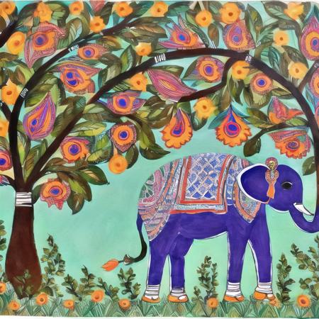 beautiful image of an elephant sitting under a tree in the style of <lora:madhubnillust-000012:0.9>, inside a forest, bright flowers, vines, large leaves